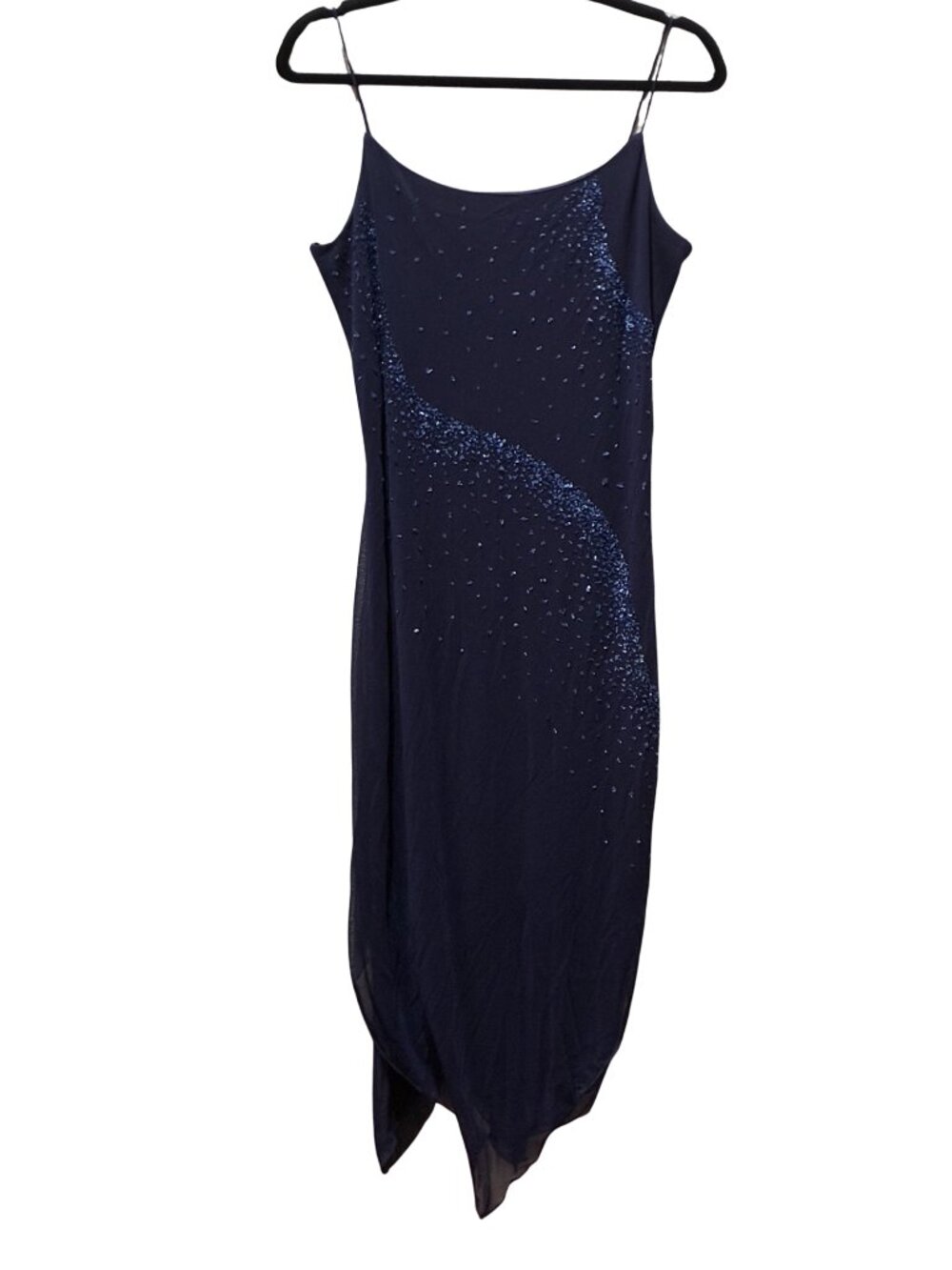 Vintage Y2K Byer Too Navy Blue Beaded Mesh Asymmetrical Handkerchief Hem Dress L